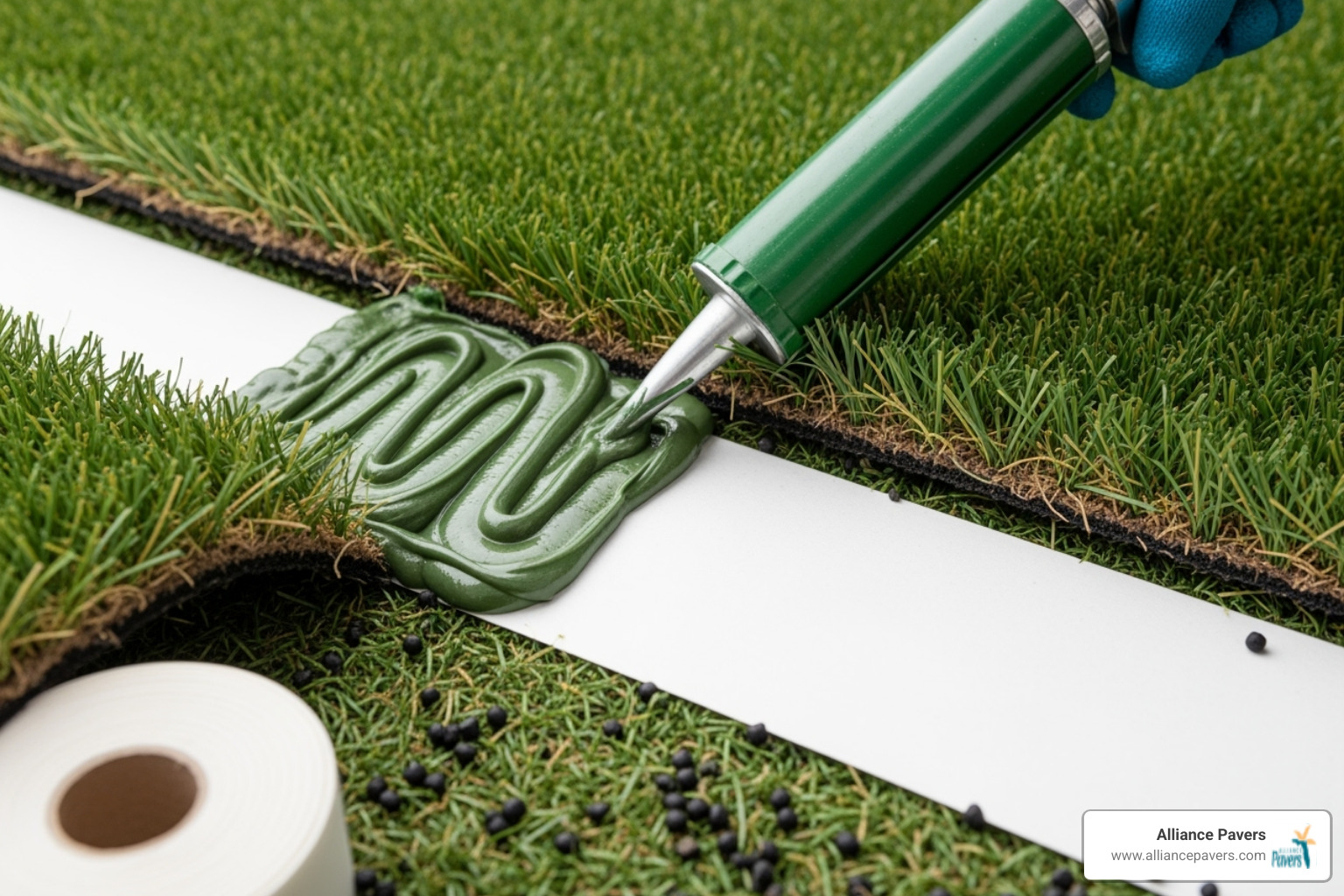 Two pieces of turf being seamed together with tape and adhesive - Turf Installation