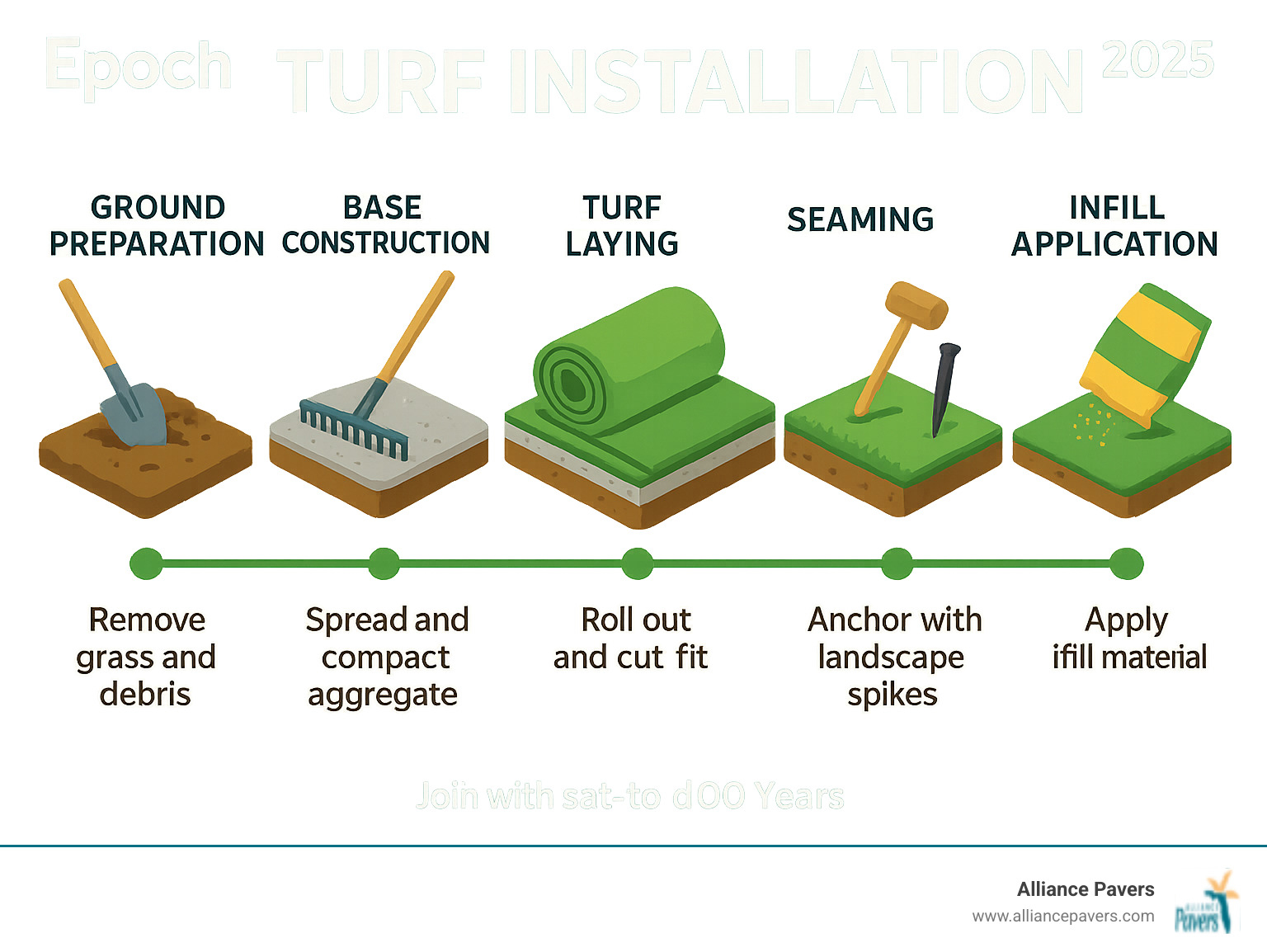 Step-by-step turf installation process showing ground preparation, base construction, turf laying, seaming, edge securing, and infill application with timeline and key materials needed - Turf Installation infographic