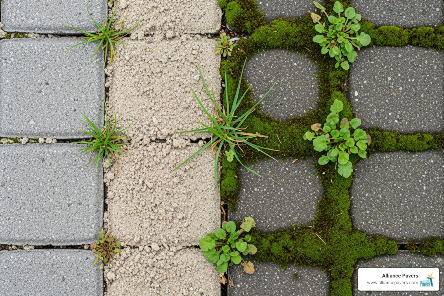 A close-up image showing paver joints, with one side clean and filled with sand, and the other side showing weeds and moss growing between the pavers - paver patio maintenance