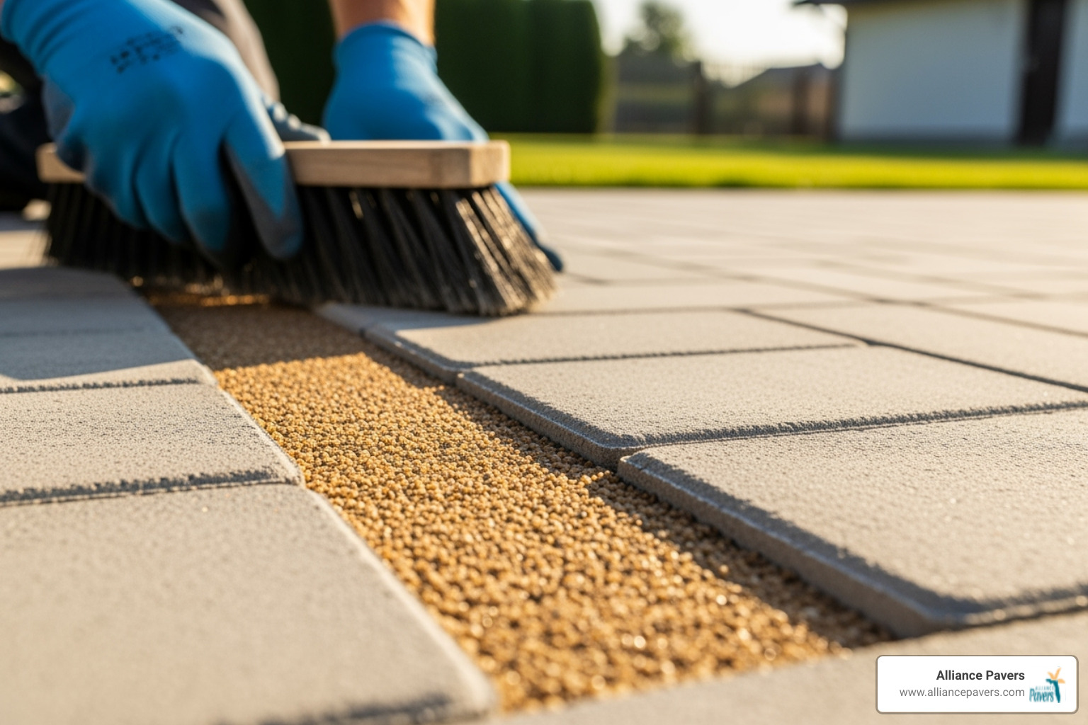A homeowner carefully applying polymeric joint sand to the gaps between pavers on their patio - paver patio maintenance