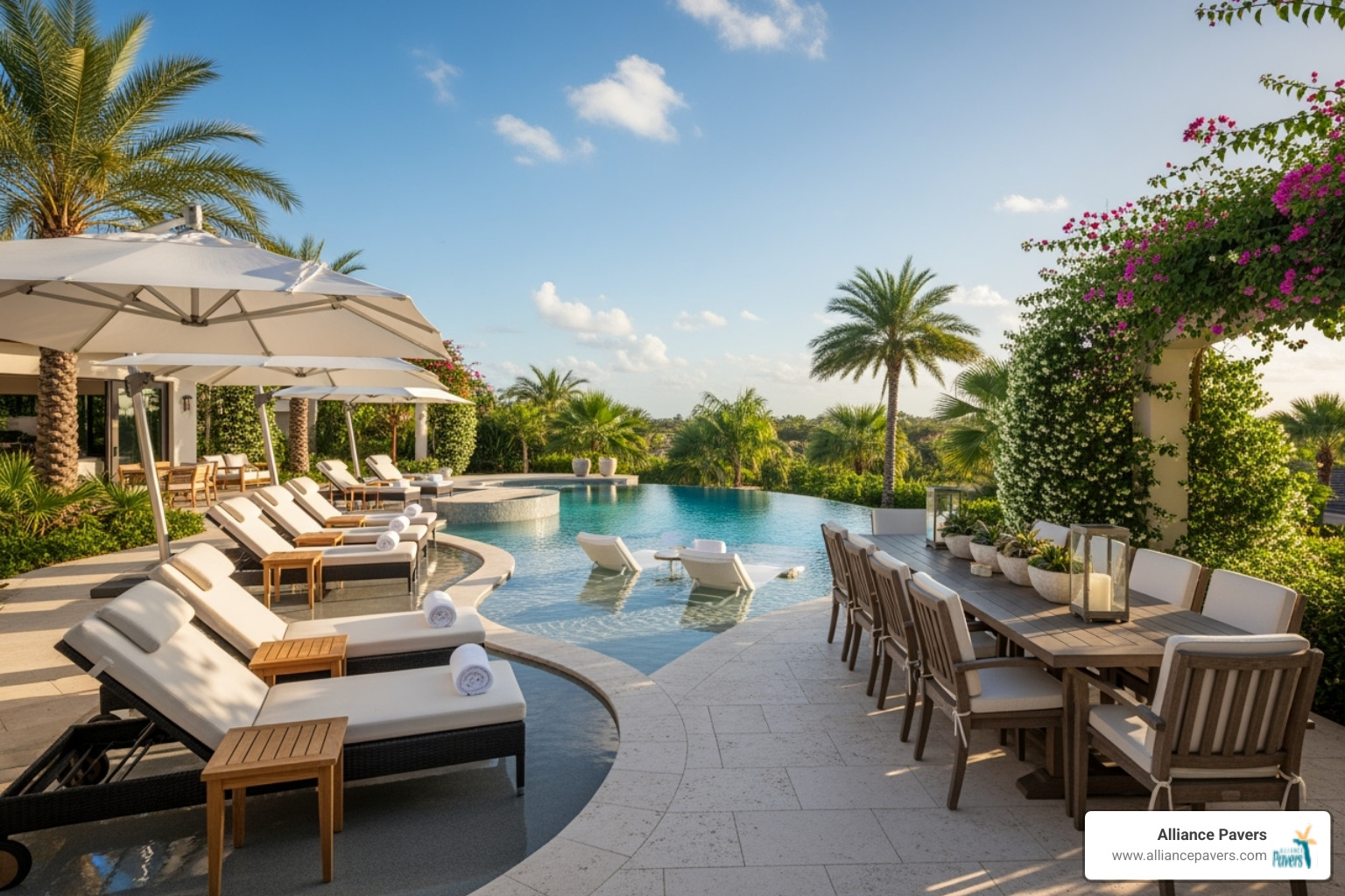 A well-furnished poolside with distinct lounging and dining zones - Poolside Design