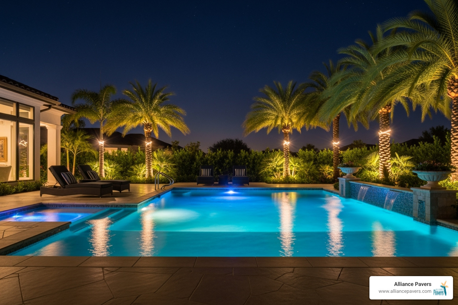 A pool at night with layered lighting, including in-pool LEDs and landscape uplighting - Poolside Design