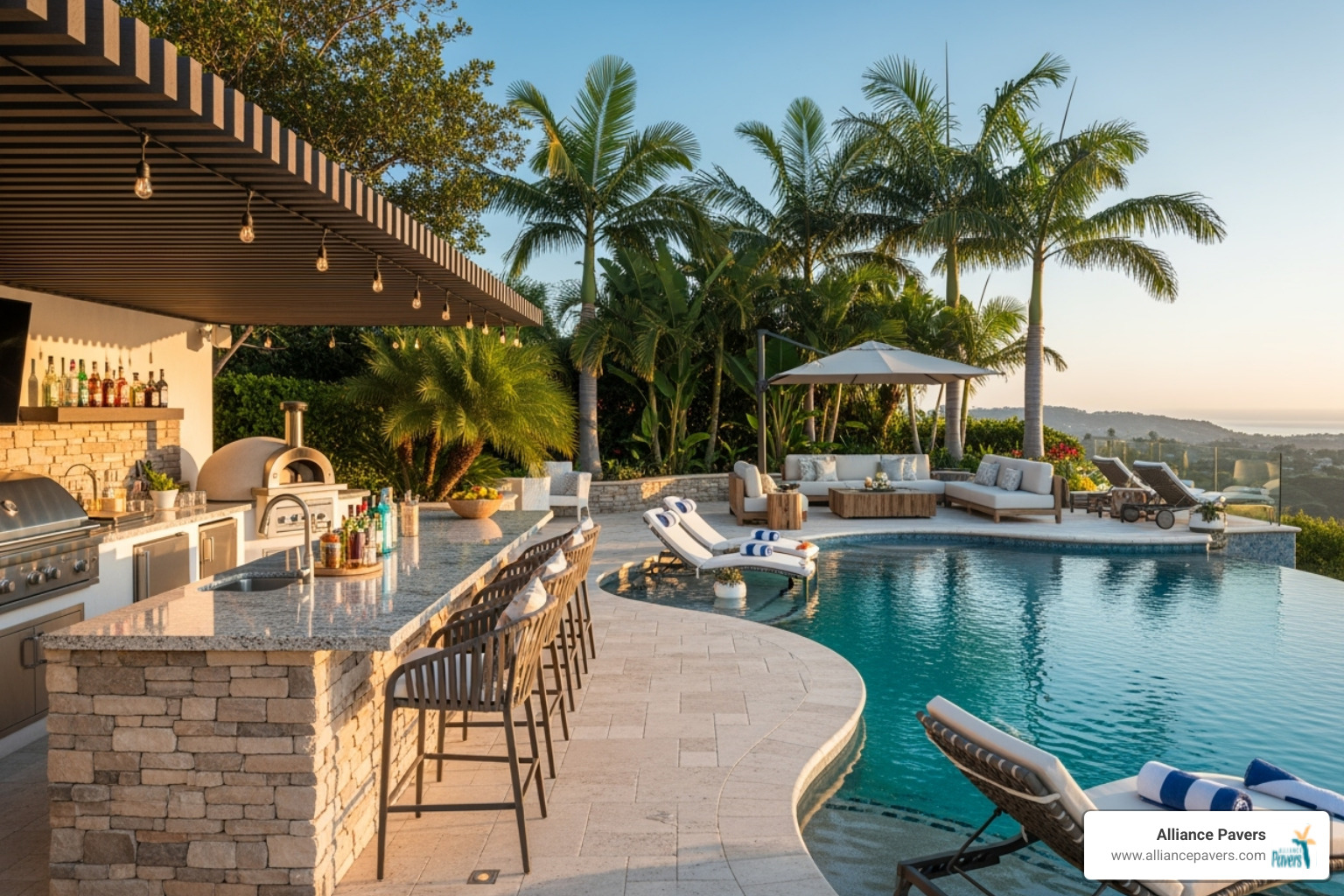A large pool area with a clear outdoor kitchen/bar zone and a separate quiet lounging zone - Poolside Design