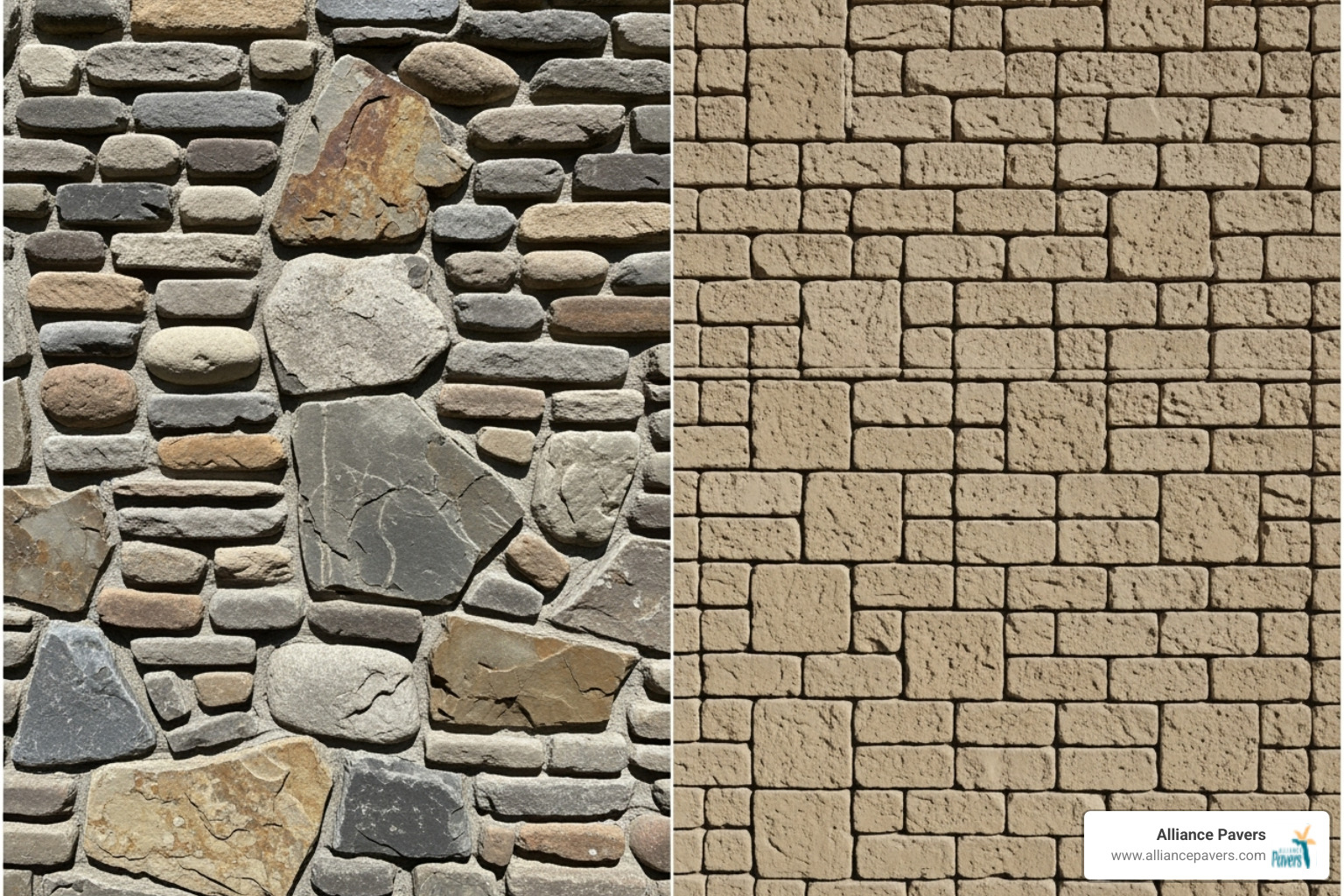 side by side comparison of natural stone veneer and manufactured stone veneer walls - retaining wall stone facade