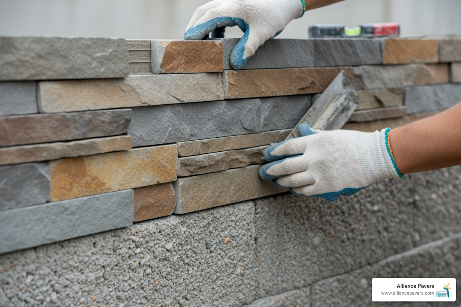 professional installing stone veneer panels onto a prepared retaining wall - retaining wall stone facade