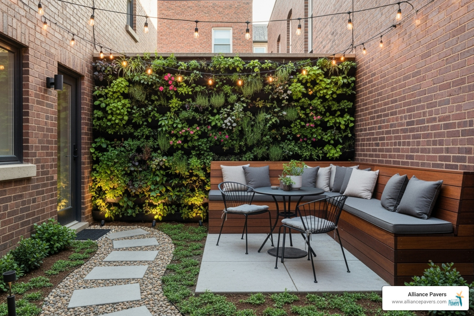 small but stylish urban backyard maximizing space with vertical gardens and built-in seating - outside design