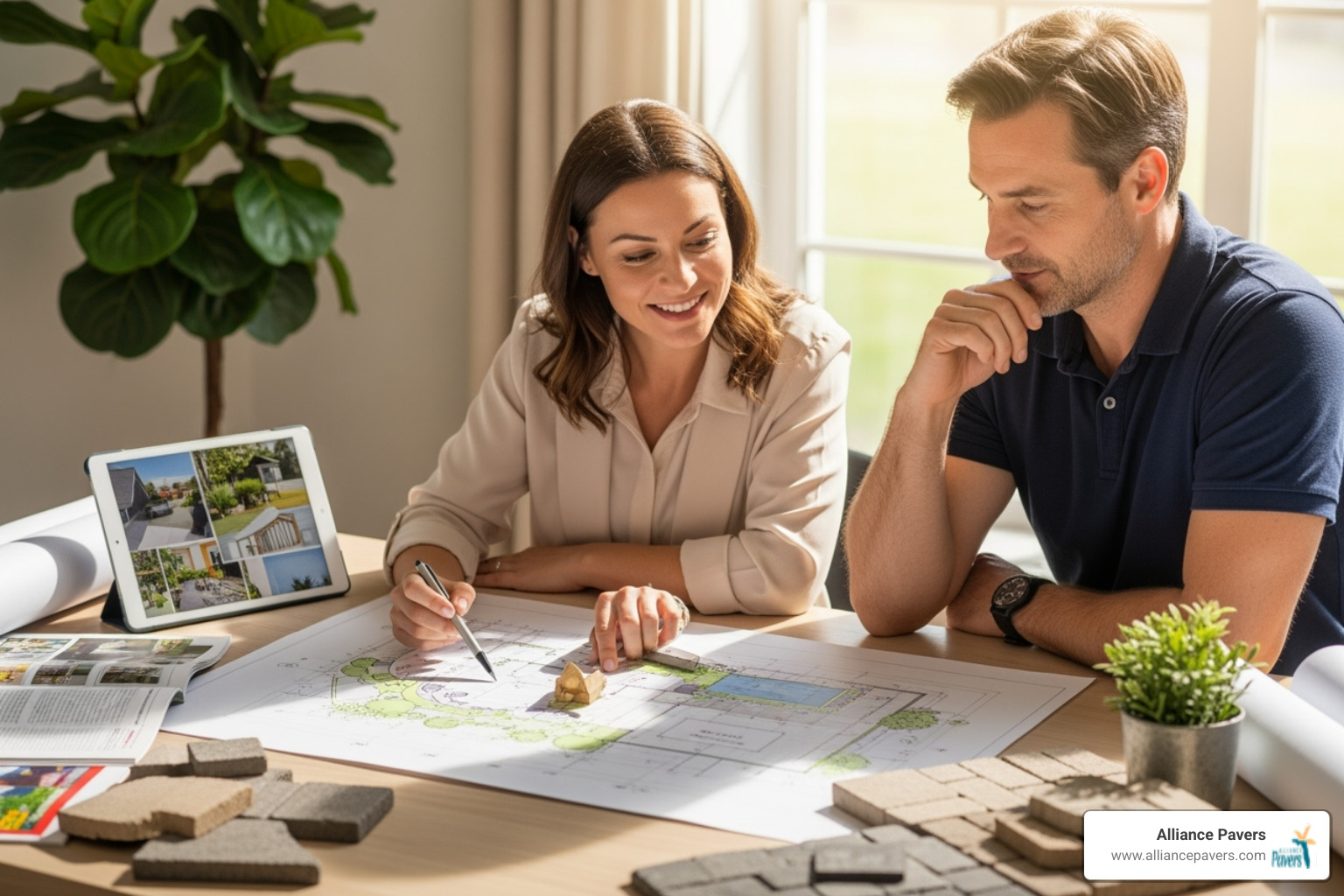 homeowner collaborating with a designer over a blueprint of an outdoor space - outside design