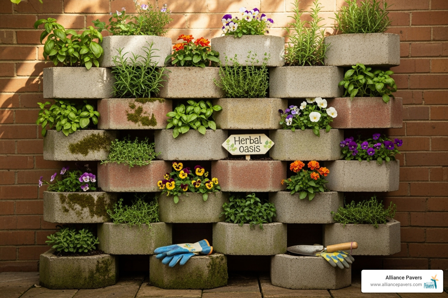 creative DIY vertical garden made from pavers and filled with herbs and flowers - extra outdoor room