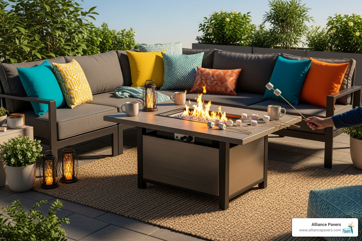 cozy outdoor sectional sofa with colorful, weather-resistant pillows and a fire pit table - extra outdoor room