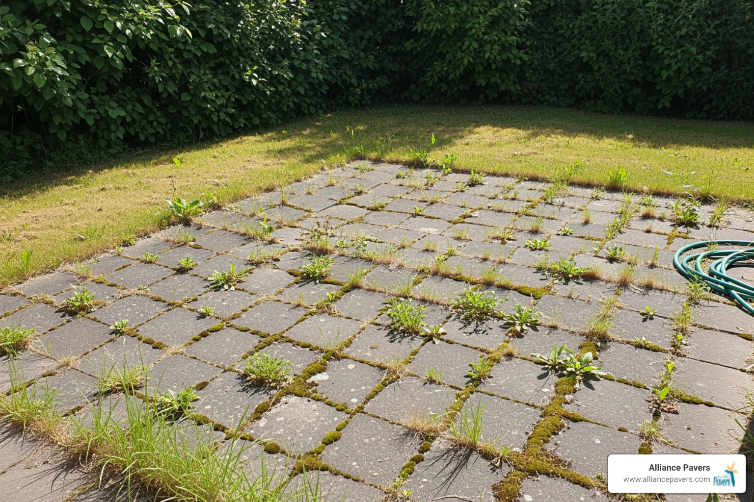 Paver patio with weeds and uneven, sunken pavers - paver patio installation