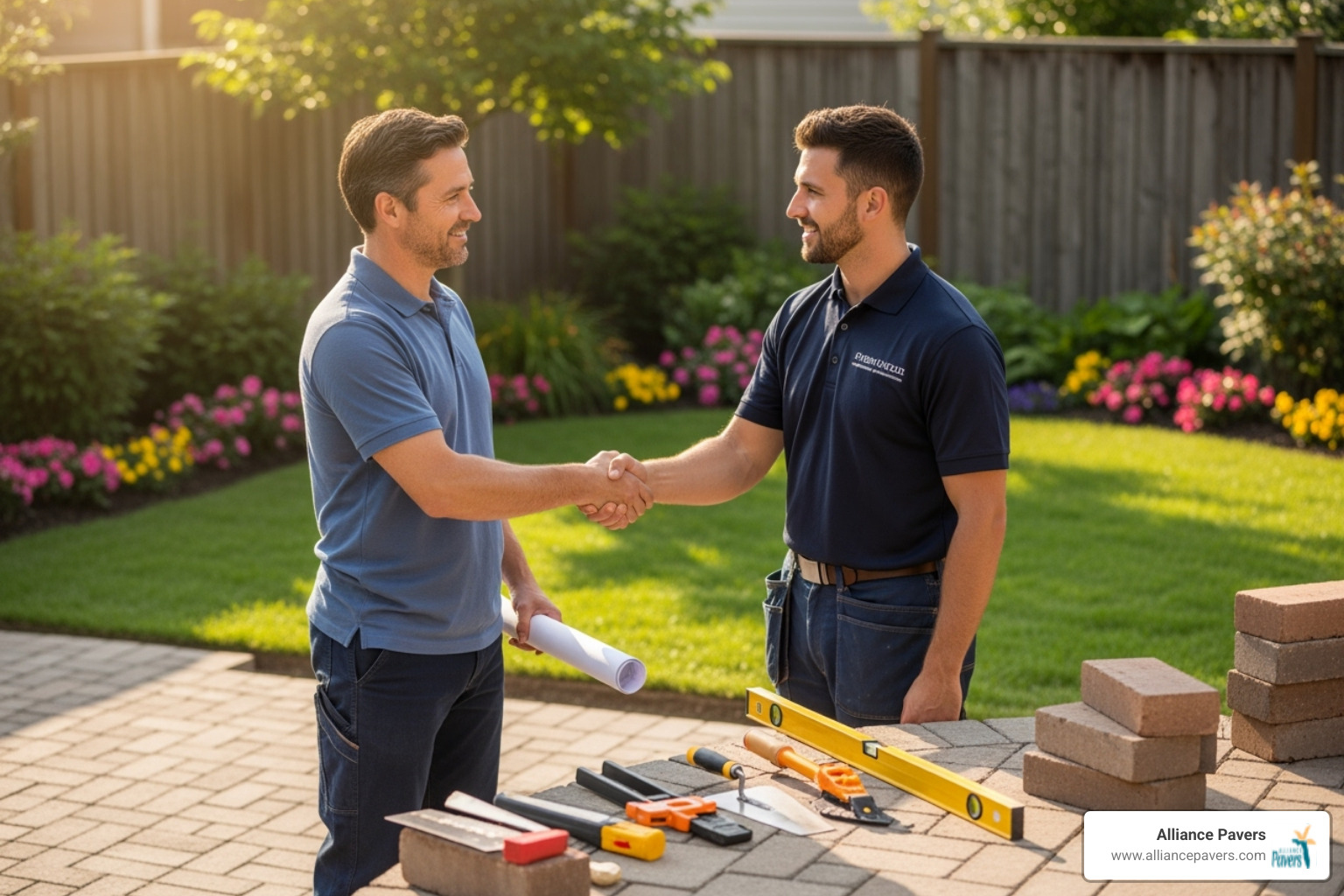 homeowner shaking hands with professional installer - brick patio installers