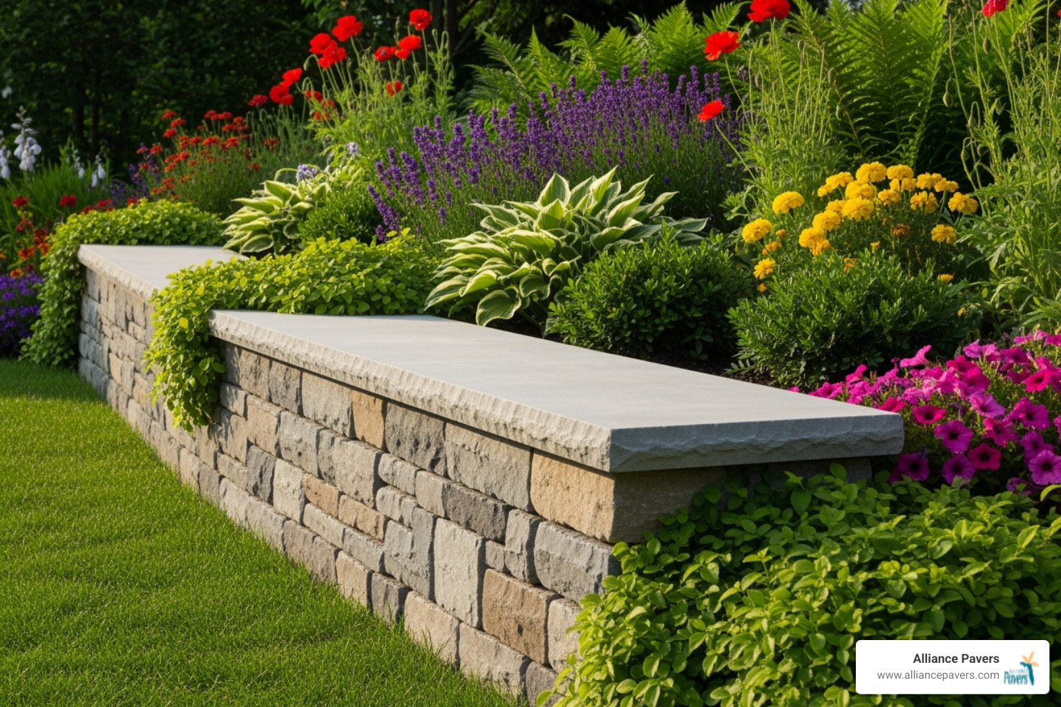 clean, well-maintained seating wall integrated into a lush garden - seating walls installation orlando