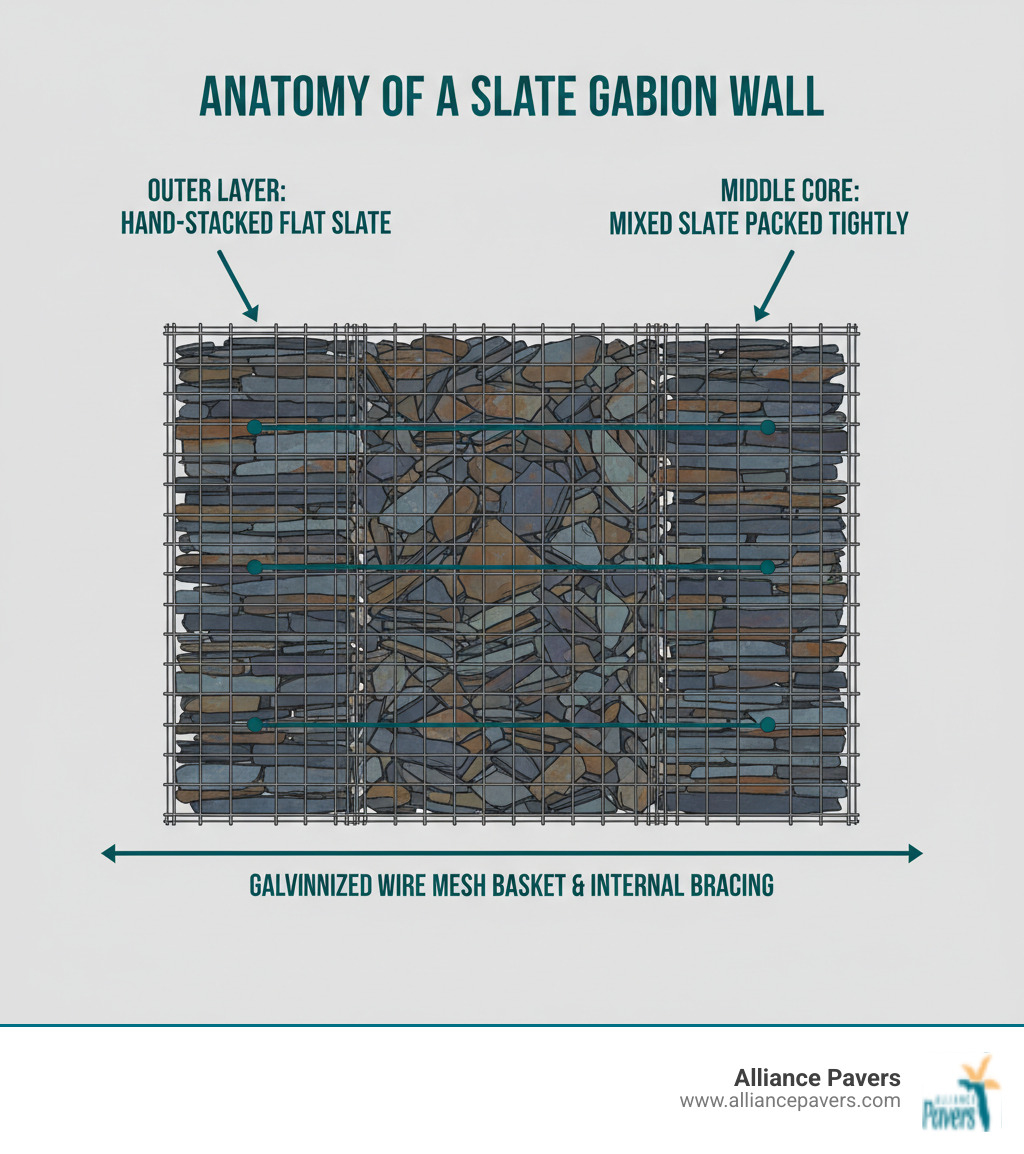 Anatomy of a slate gabion wall showing three main layers: outer layer of hand-stacked flat slate pieces creating a uniform face, middle core filled with mixed slate pieces packed tightly, and galvanized wire mesh basket with internal bracing wires connecting all sides - slate gabion wall infographic 