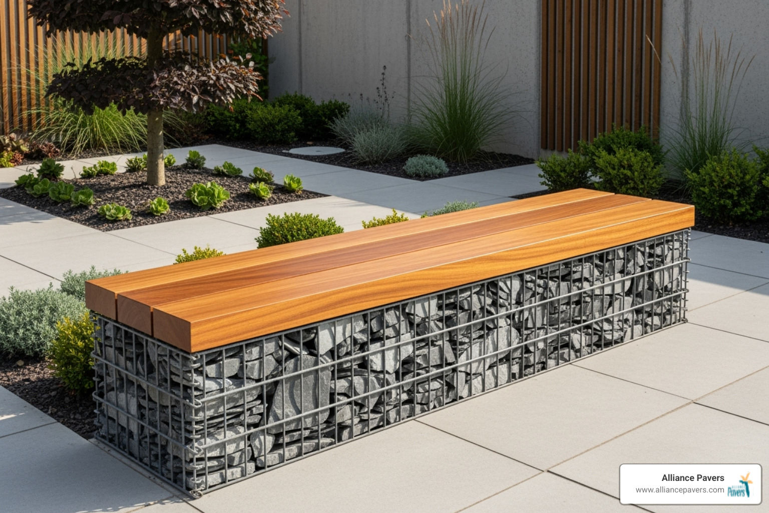 creative slate gabion wall used as a stylish garden bench with a wooden top - slate gabion wall