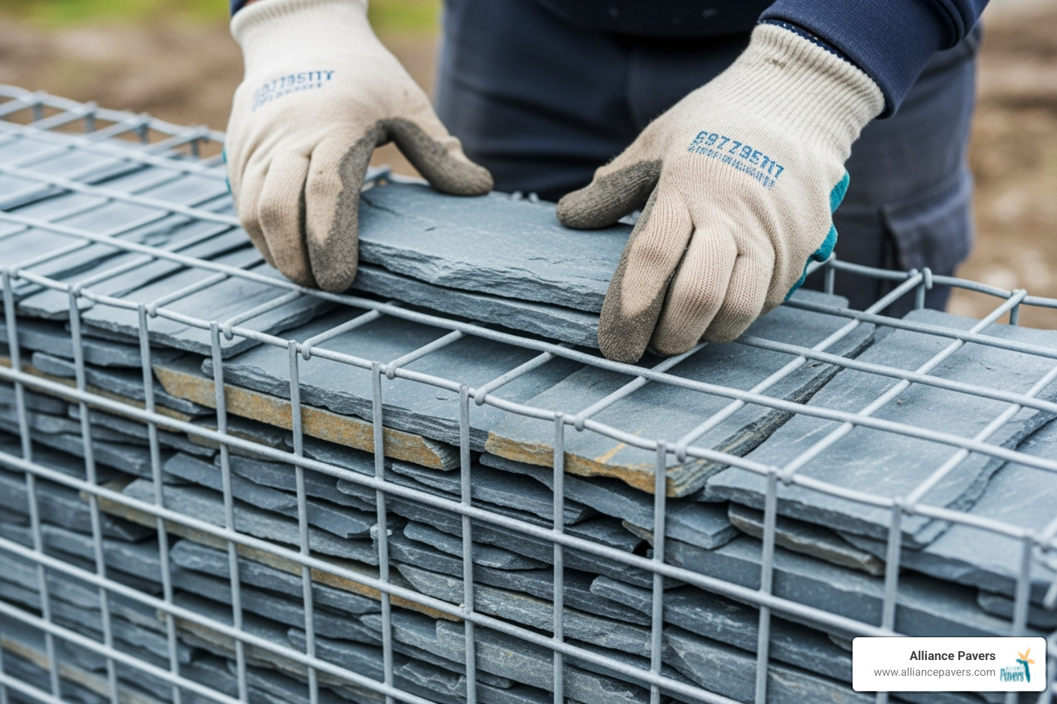 hand-stacking flat slate pieces into a gabion wall to create a clean, uniform face - slate gabion wall
