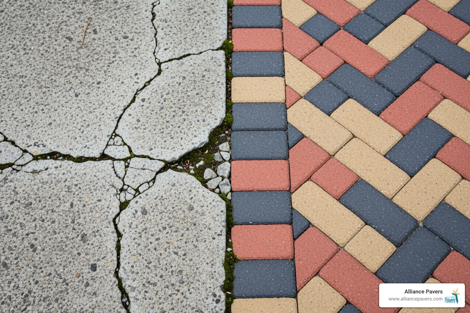 cracked concrete next to perfect paver patio - paver patio installers near me
