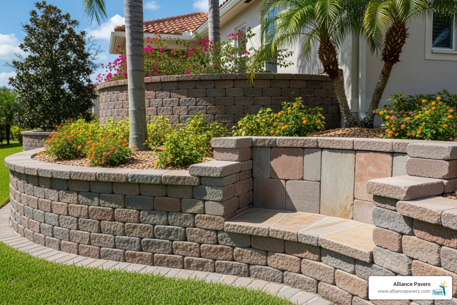 beautiful finished interlocking retaining wall project in a Central Florida home with integrated seating area - interlocking landscaping stones retaining wall