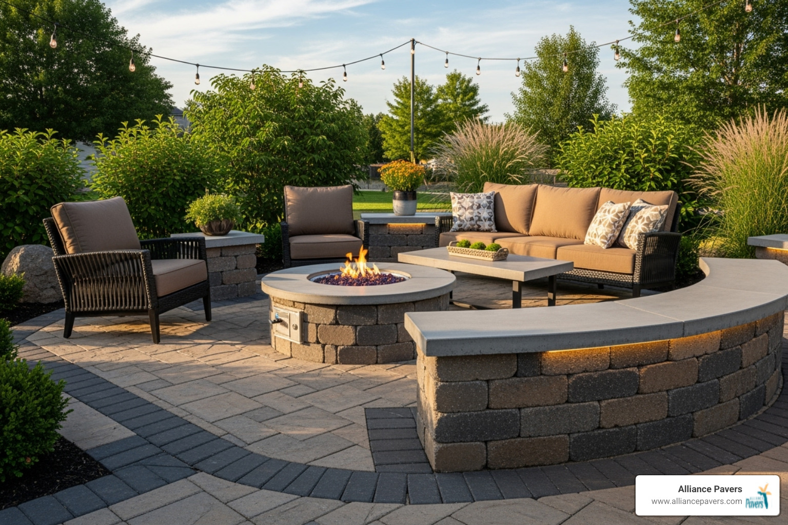 an outdoor living area featuring a paver fire pit and seating wall - pavers services