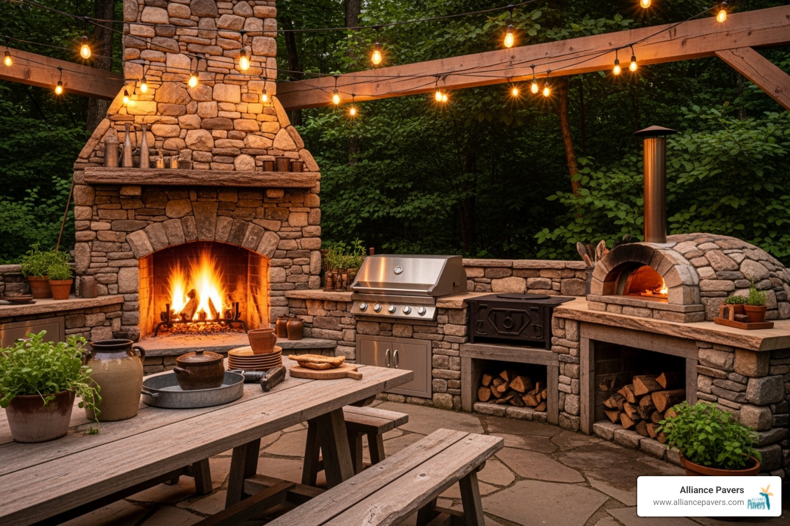 rustic outdoor kitchen with a stone fireplace and warm lighting - outdoor kitchen living area