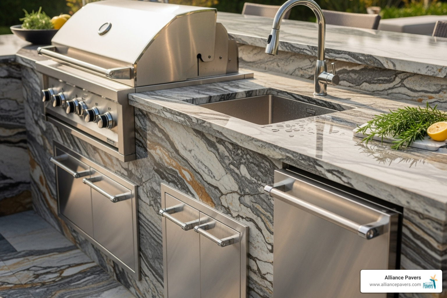 close-up on high-quality stainless steel appliances and stone countertops - outdoor kitchen living area