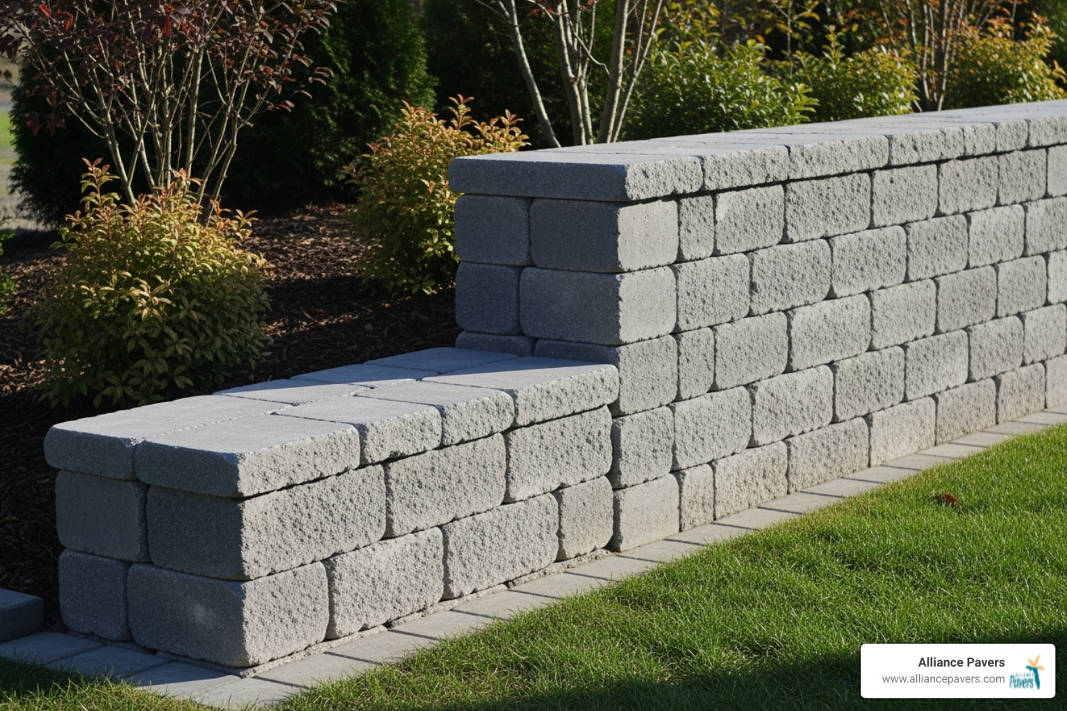 freestanding seating wall next to a structural retaining wall - retaining wall paver stones
