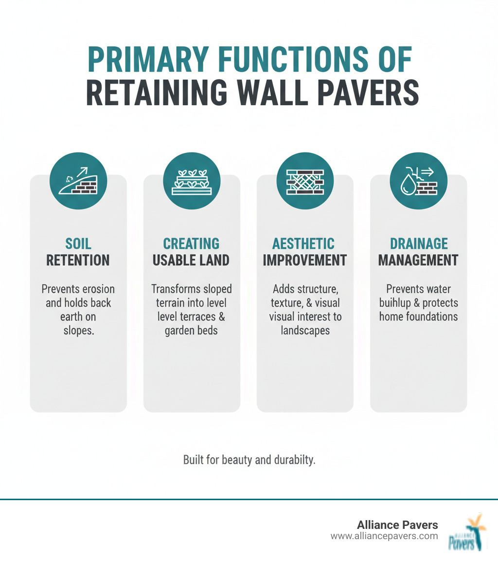 Infographic showing the primary functions of retaining wall paver stones: Soil Retention (prevents erosion and holds back earth on slopes), Creating Usable Land (transforms sloped terrain into level terraces and garden beds), Aesthetic Improvement (adds structure, texture, and visual interest to landscapes), and Drainage Management (prevents water buildup and protects home foundations) - retaining wall paver stones infographic