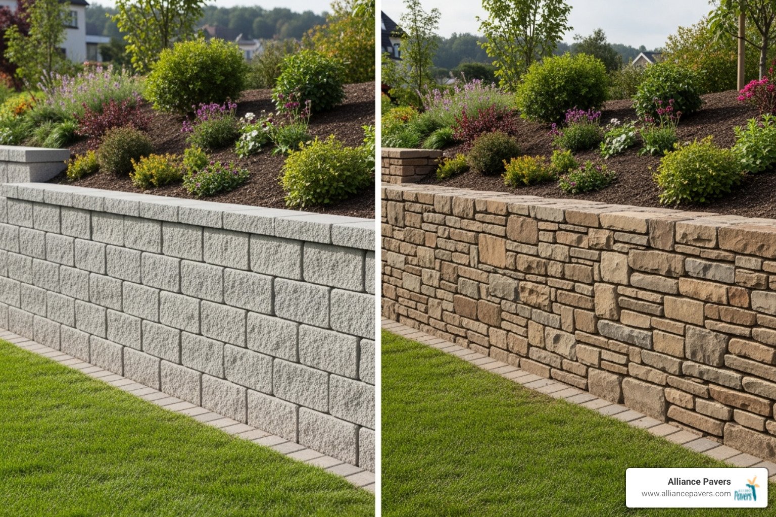 concrete block wall vs natural stone wall comparison - retaining wall paver stones