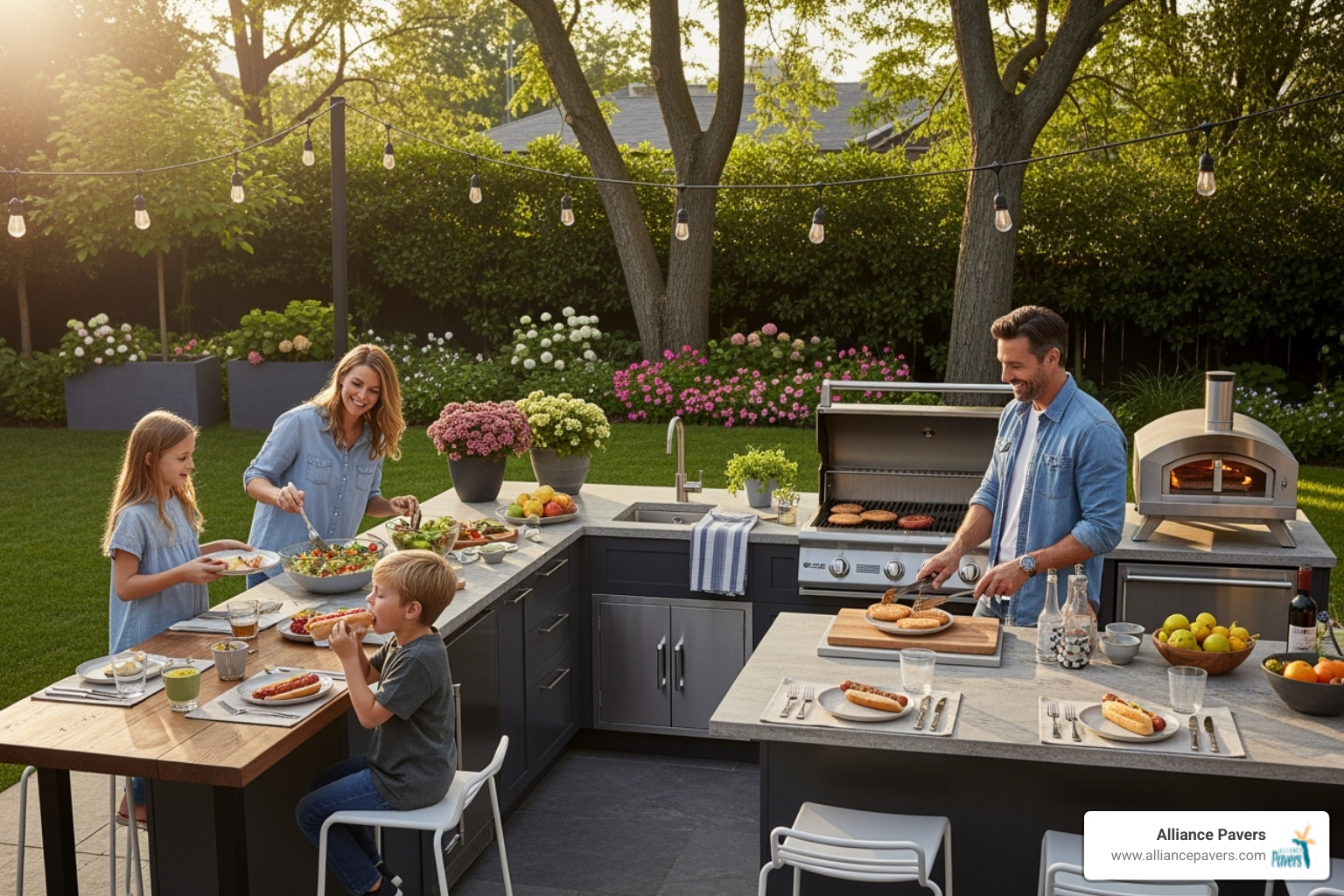 family enjoying custom outdoor kitchen - custom outdoor designs