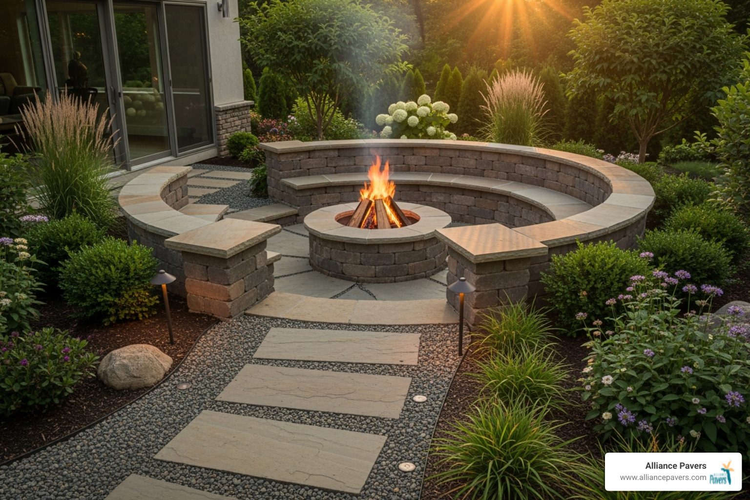 integrated outdoor design featuring a fire pit, seating wall, and lush landscaping - custom outdoor designs
