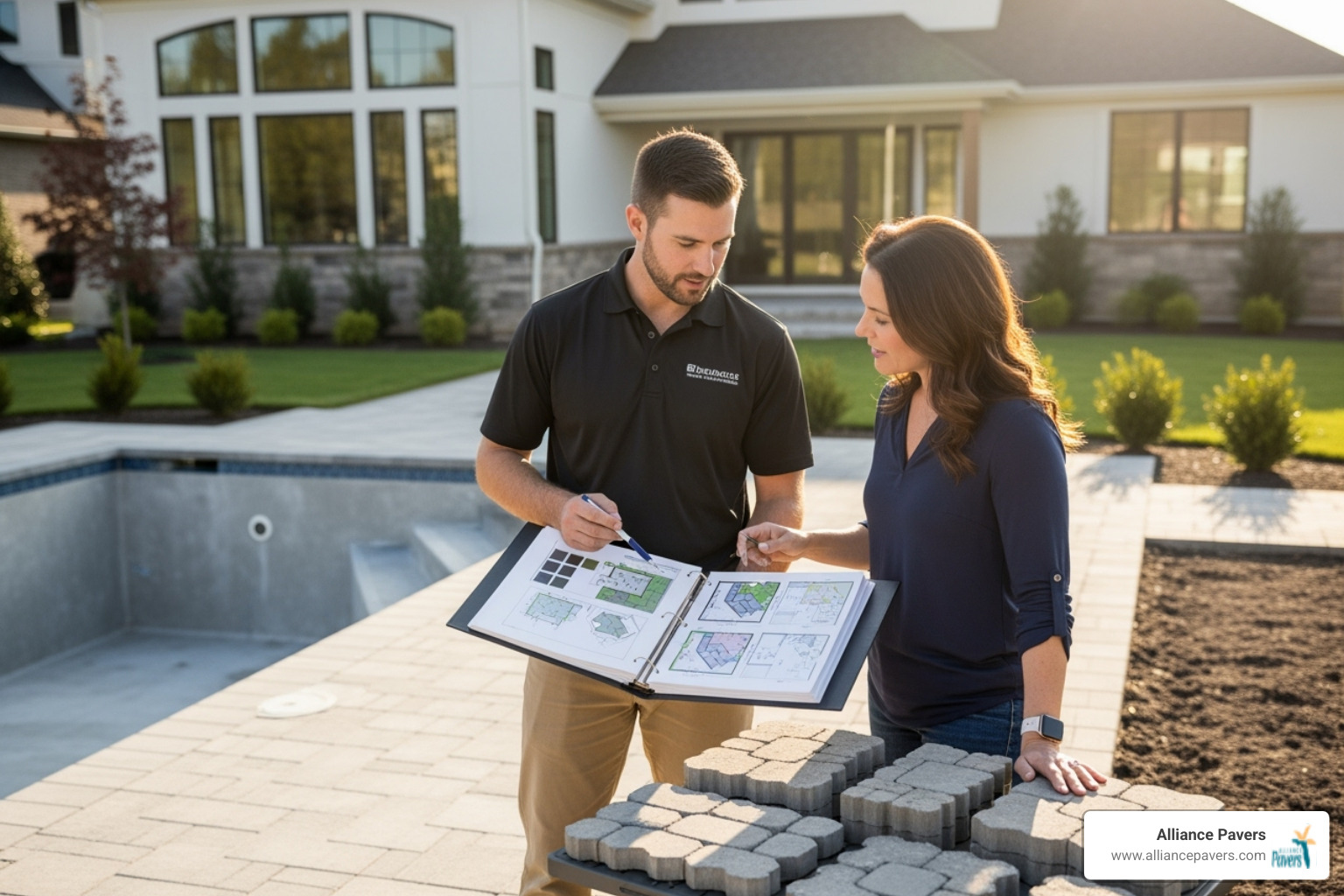 professional paver contractor consulting with a homeowner - affordable pool deck paving lake mary