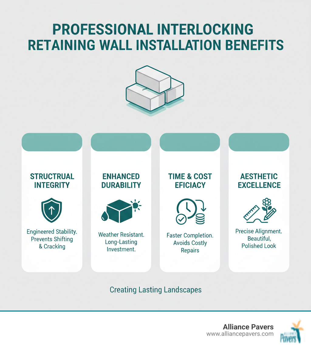 Infographic showing the benefits of professional installation for interlocking retaining walls - interlocking retaining wall blocks infographic 