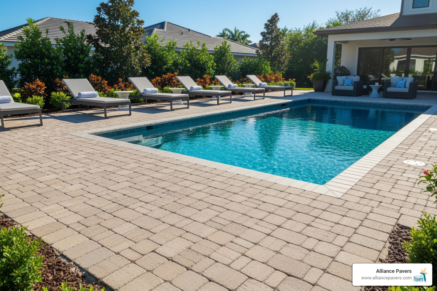 A sparkling clean, well-maintained paver pool deck in a sunny backyard - backyard pool deck pavers groveland
