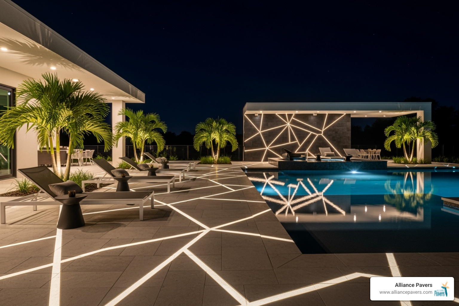 pool deck geometric pattern lighting - modern pool deck paving lake nona