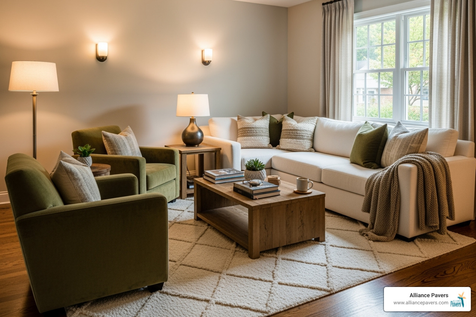 A cozy lounge area showcasing plush textures, a large area rug, and layered lighting from floor lamps and sconces - lounge area ideas