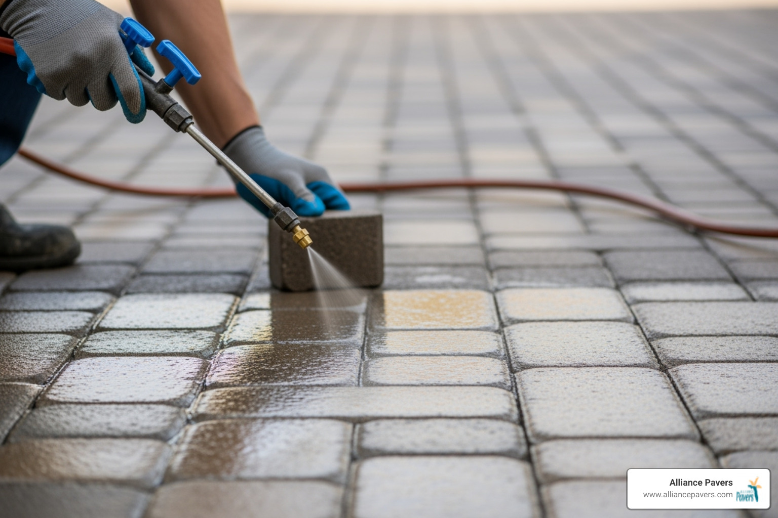 paver driveway being professionally sealed - driveway paver replacement orlando