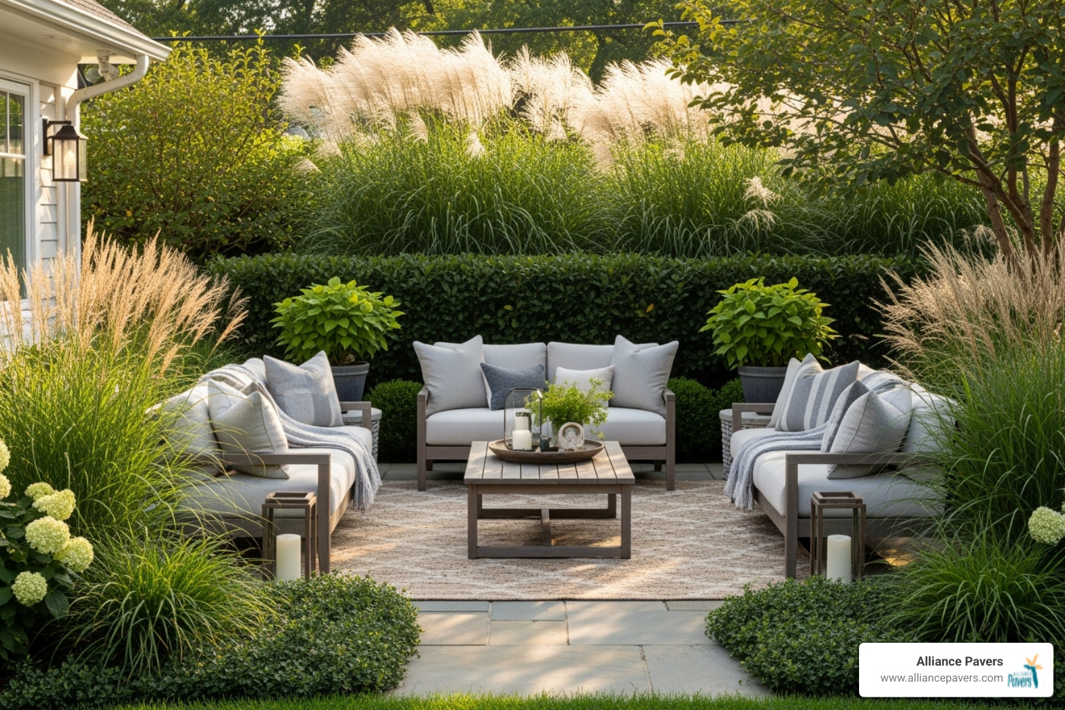 Front yard lounge area screened by layered hedges and ornamental grasses - front yard lounge area