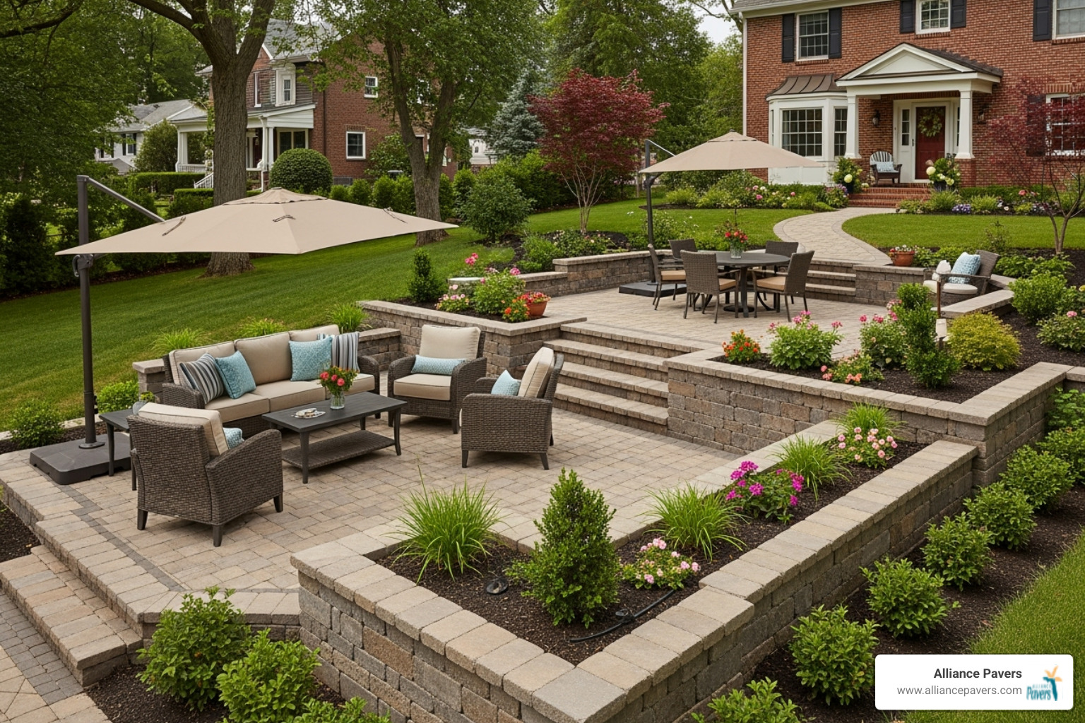 Sloped front yard with terraced paver patio - front yard lounge area