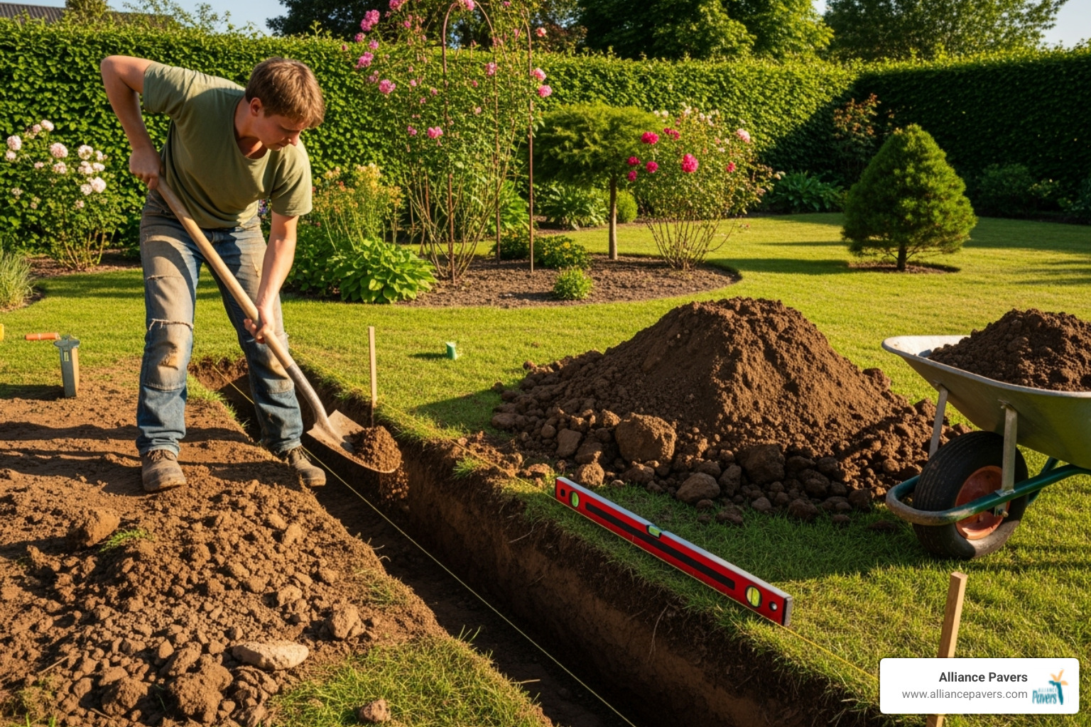 person digging a level trench for a retaining wall - how to build a paver stone retaining wall