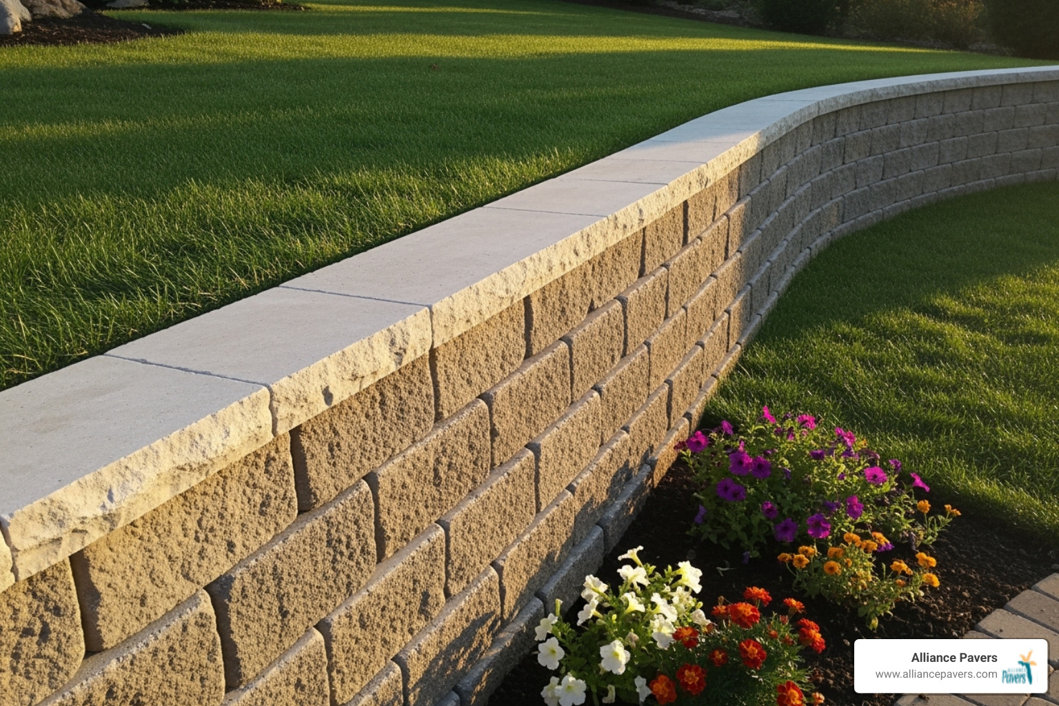 finished retaining wall with capstones and a gentle curve - how to build a paver stone retaining wall
