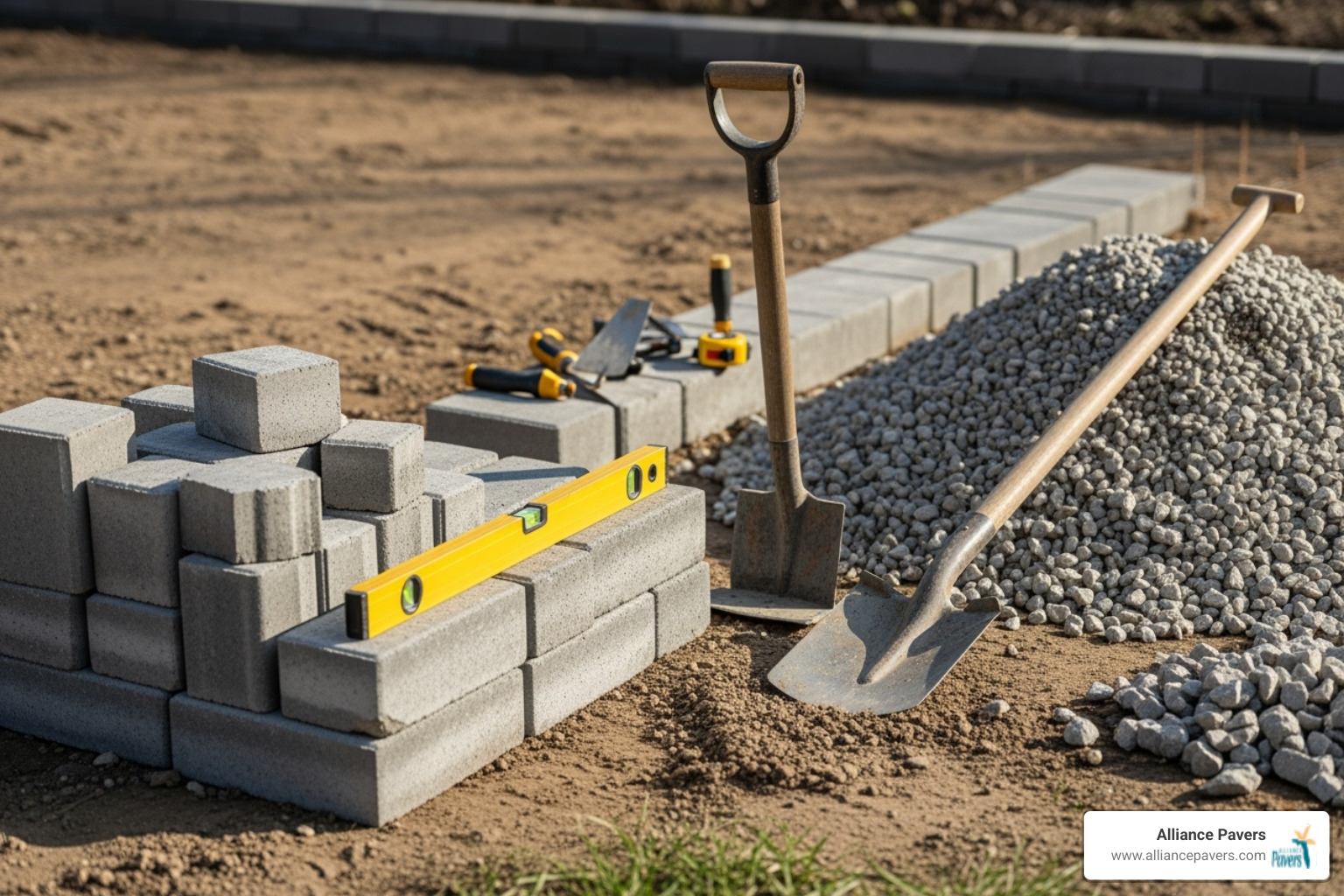 tools and materials laid out, such as paver blocks, gravel, a shovel, level, and tamper - how to build a paver stone retaining wall