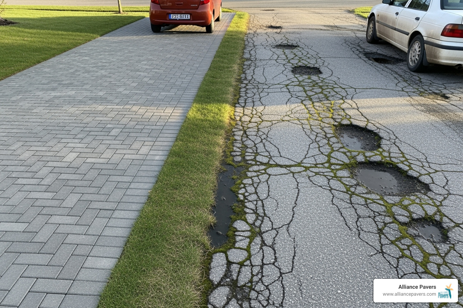 A pristine paver driveway contrasting with a nearby cracked and worn asphalt driveway - long-lasting driveway pavers winter park