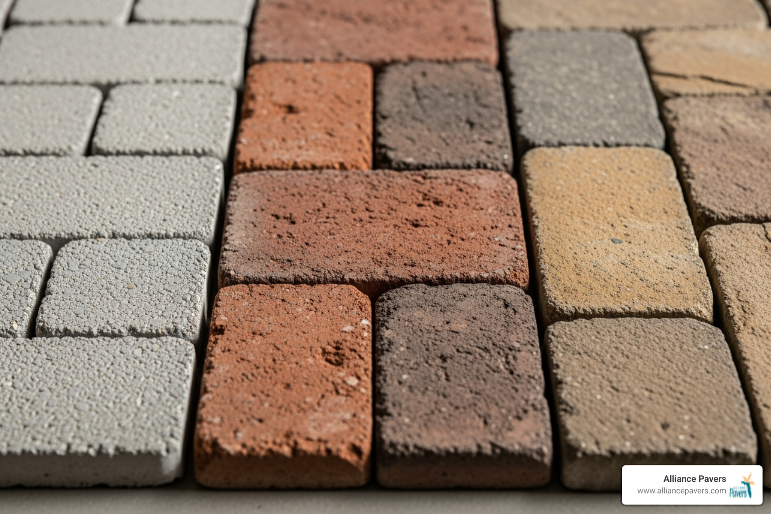 Close-up images showcasing the textures and colors of concrete pavers, classic brick pavers, and natural stone pavers - long-lasting driveway pavers winter park