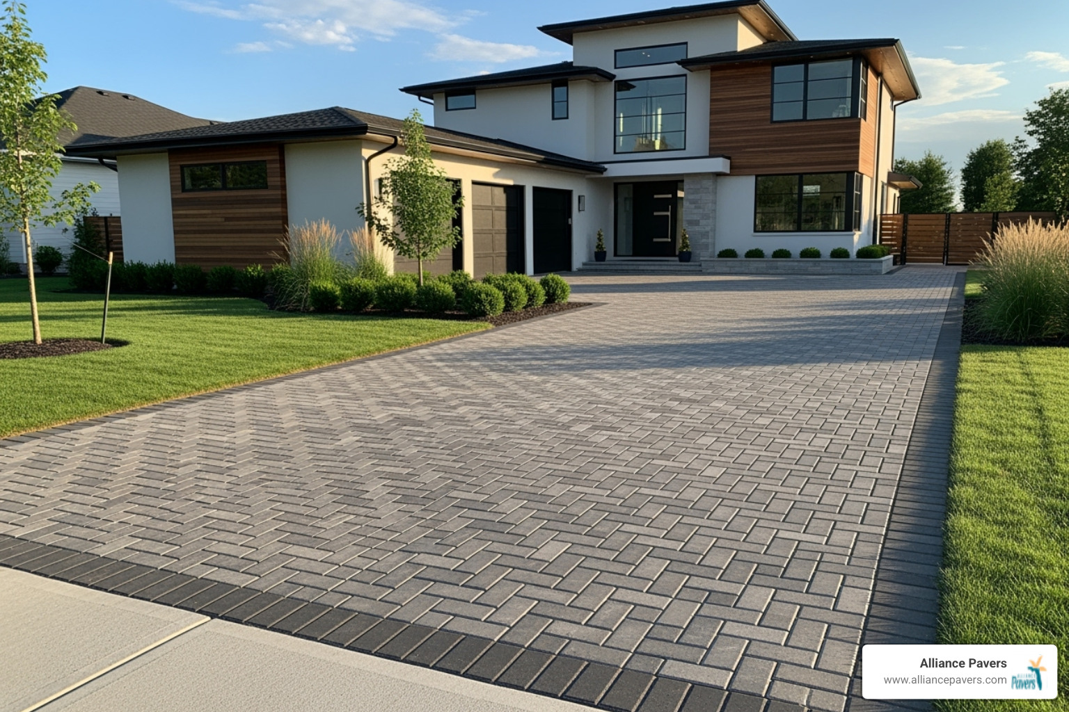 A neatly installed paver driveway featuring a classic herringbone pattern, leading to a modern home - long-lasting driveway pavers winter park