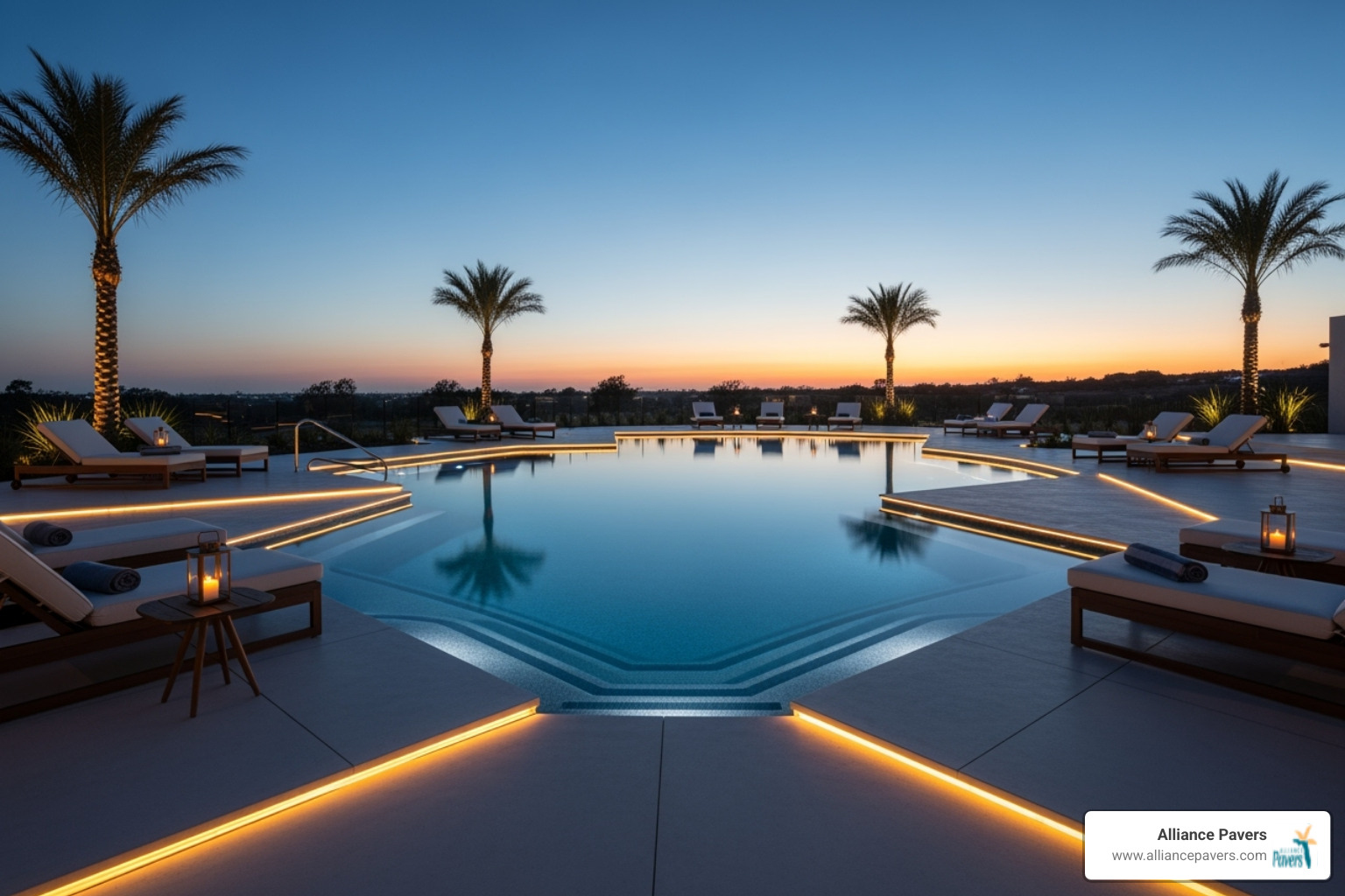 A pool deck at dusk with neat, integrated LED lighting illuminating the edges and steps - modern swimming pool decks mount dora