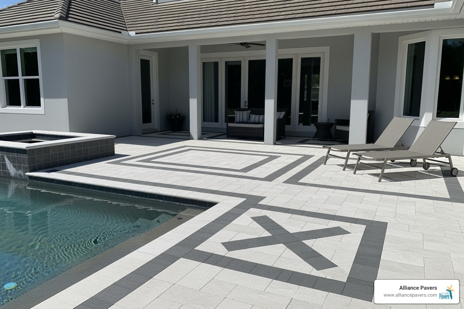 Modern pool deck complementing a Mount Dora home's exterior with clean lines and neutral colors - modern swimming pool decks mount dora