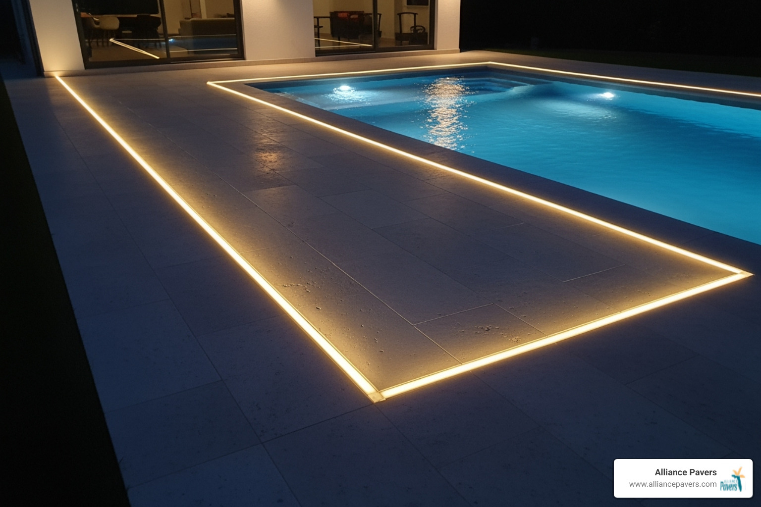 Modern pool deck with large format travertine pavers and integrated LED lighting at night - modern swimming pool decks mount dora