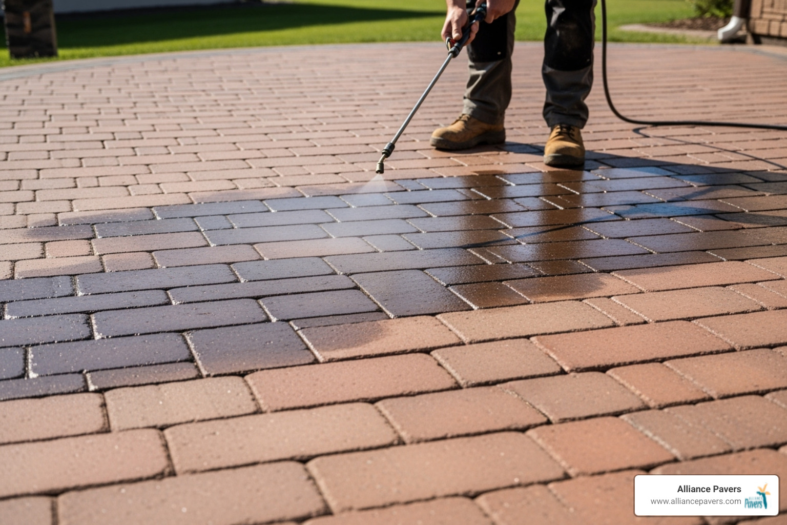 person using a pump sprayer to apply sealant to a clean paver patio - how to repair paver stone patio