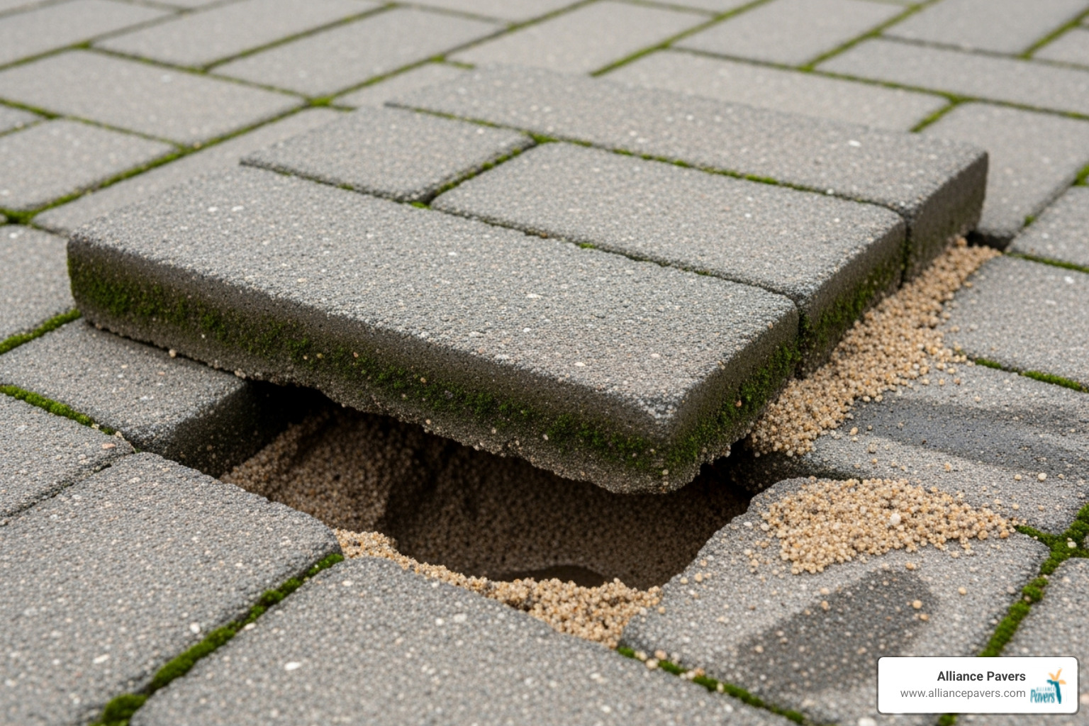 close-up of a sunken paver with arrows pointing to the eroded sand base underneath - how to repair paver stone patio