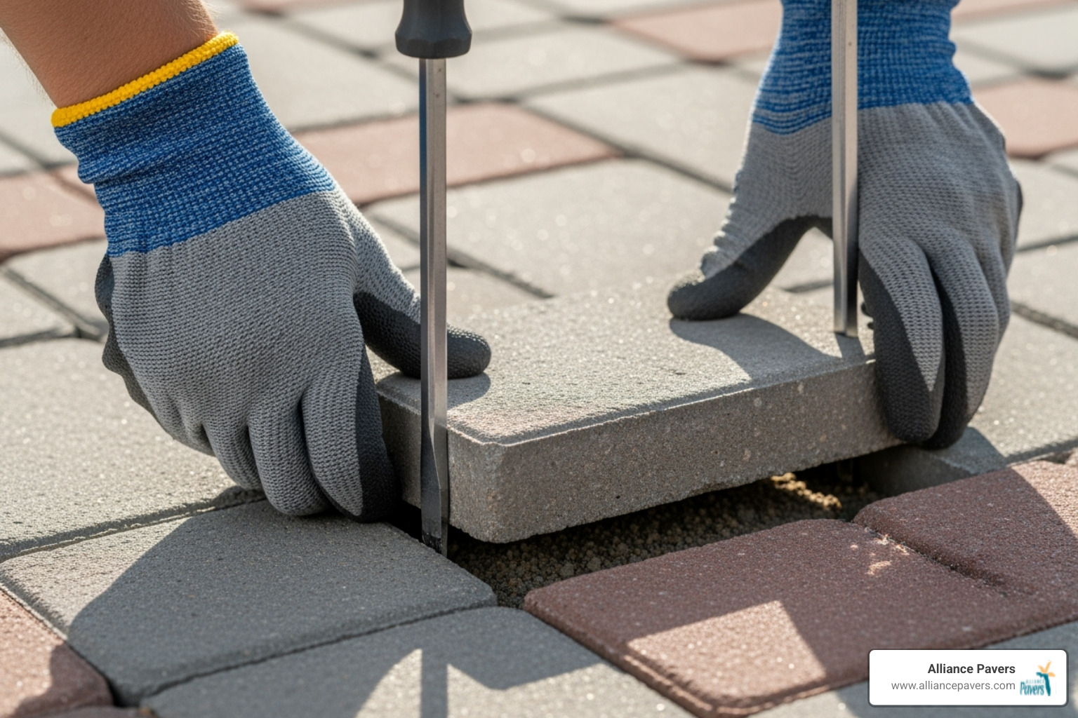 hands in gloves using two screwdrivers to carefully pry up a single paver stone - how to repair paver stone patio