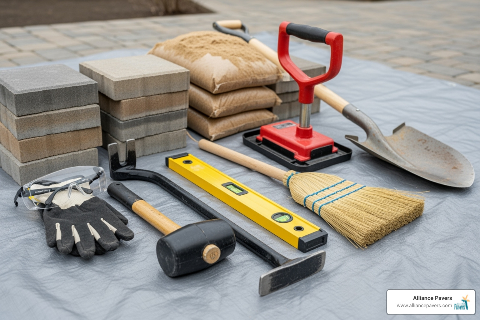 all the necessary tools and materials laid out on a tarp - how to repair paver stone patio